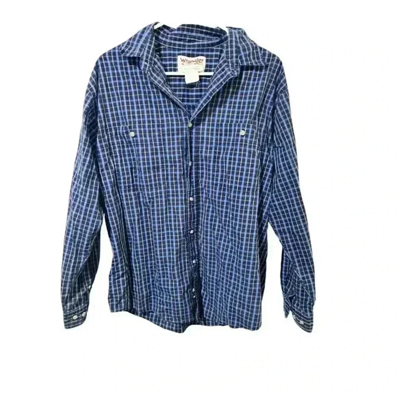 Wrangler Rugged Wear Shirt Mens Sz L Blue Plaid Button Down Long‎ Sleeve Classic - Picture 1 of 5